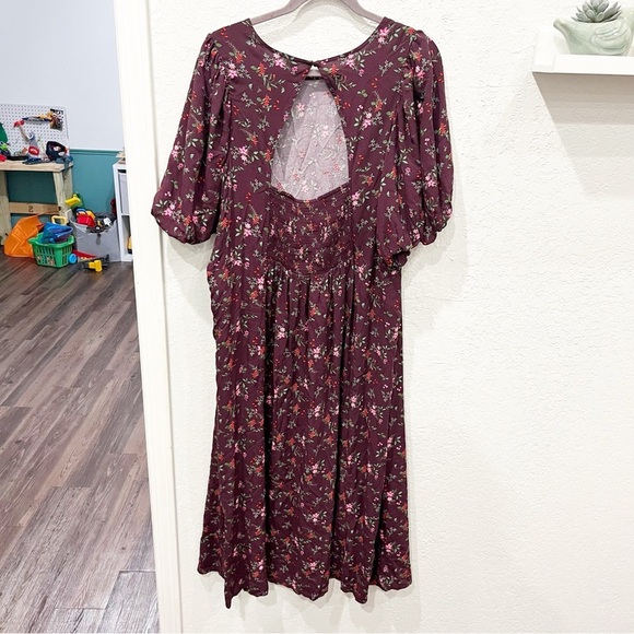 Old Navy Dress Women's 3X Maroon Floral Slit Puff Sleeve Maxi Cottage Prairie - Picture 3 of 9